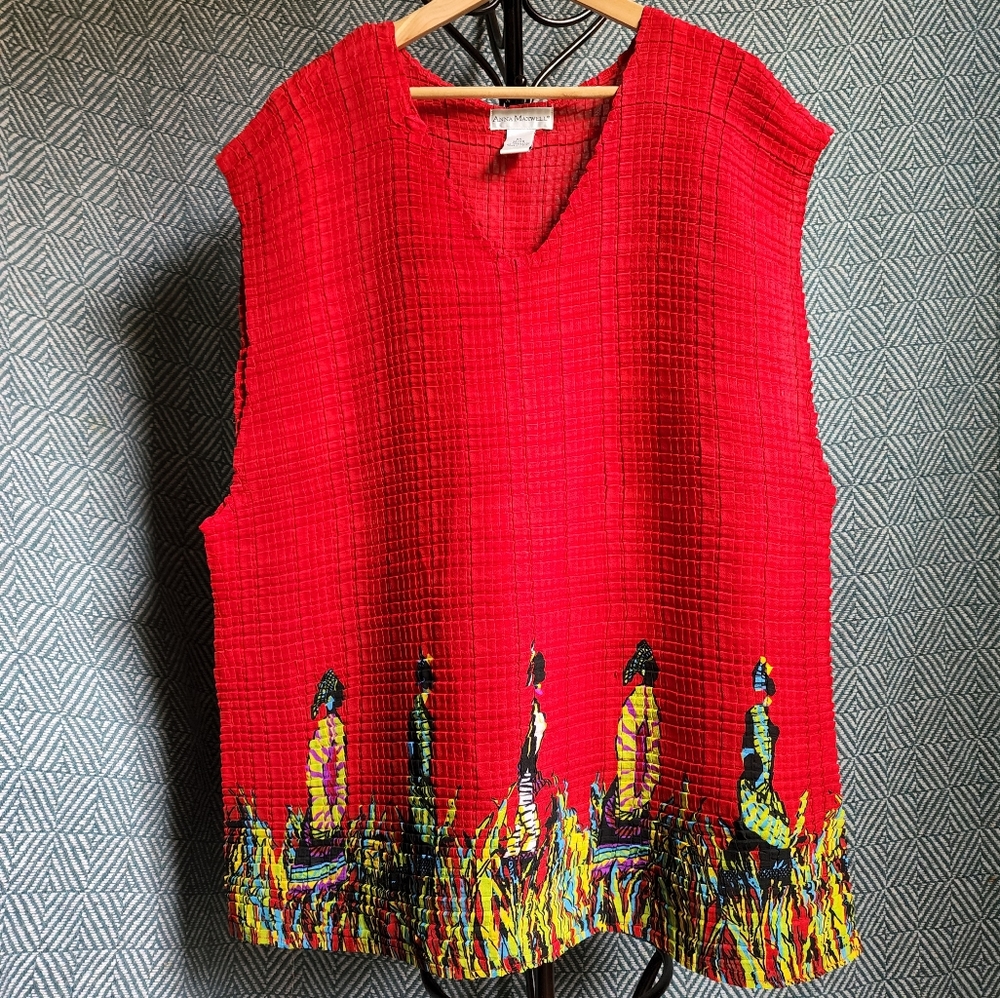 Anna Maxwell Red Pleated Sleeveless Top w/African Inspired Designs